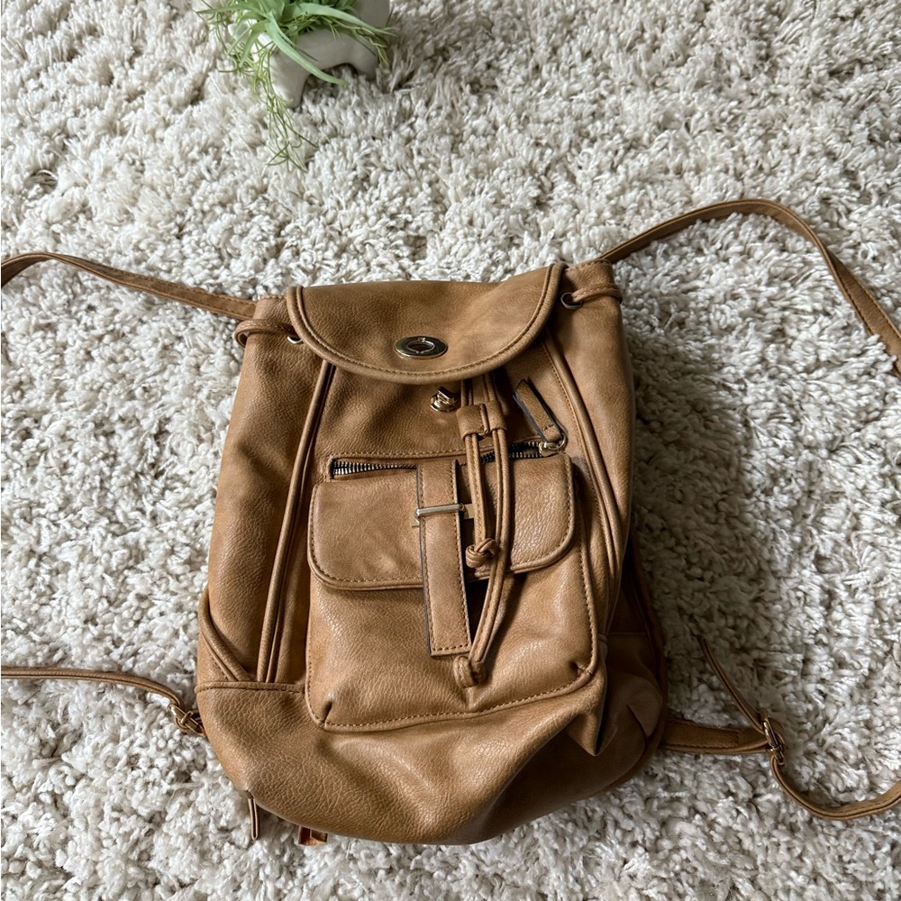 Brown leather streetstyle cute backpack with multiple pockets